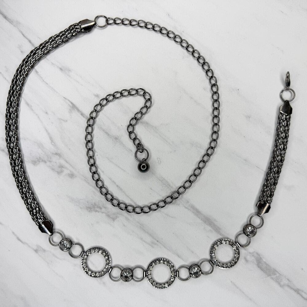 Rhinestone Black Tone Metal Mesh Chain Belt Circle Ring One Size (OS) ✨